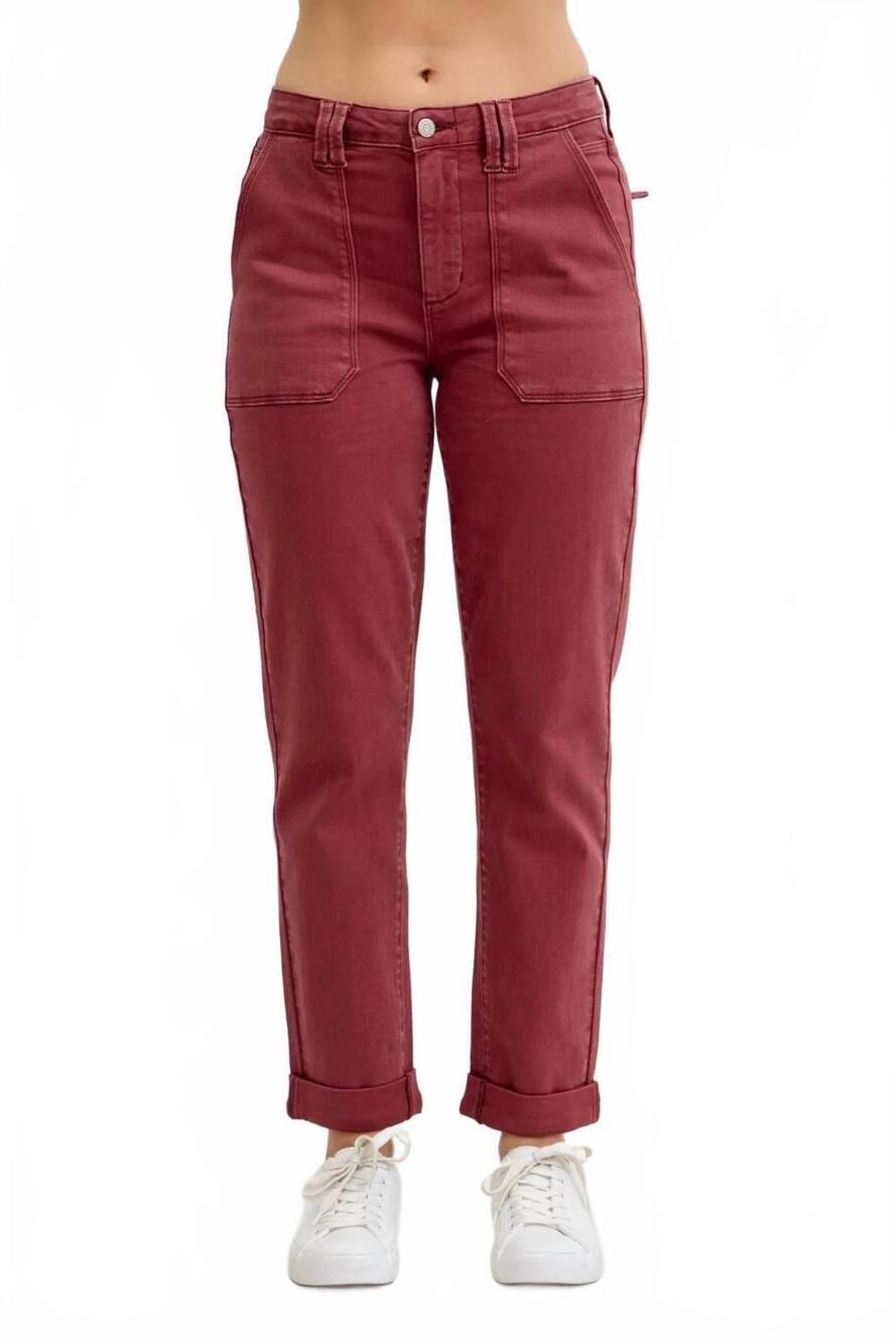 NEW JUDY BLUE aurora weekender garment dyed cuffed jeans in burgundy